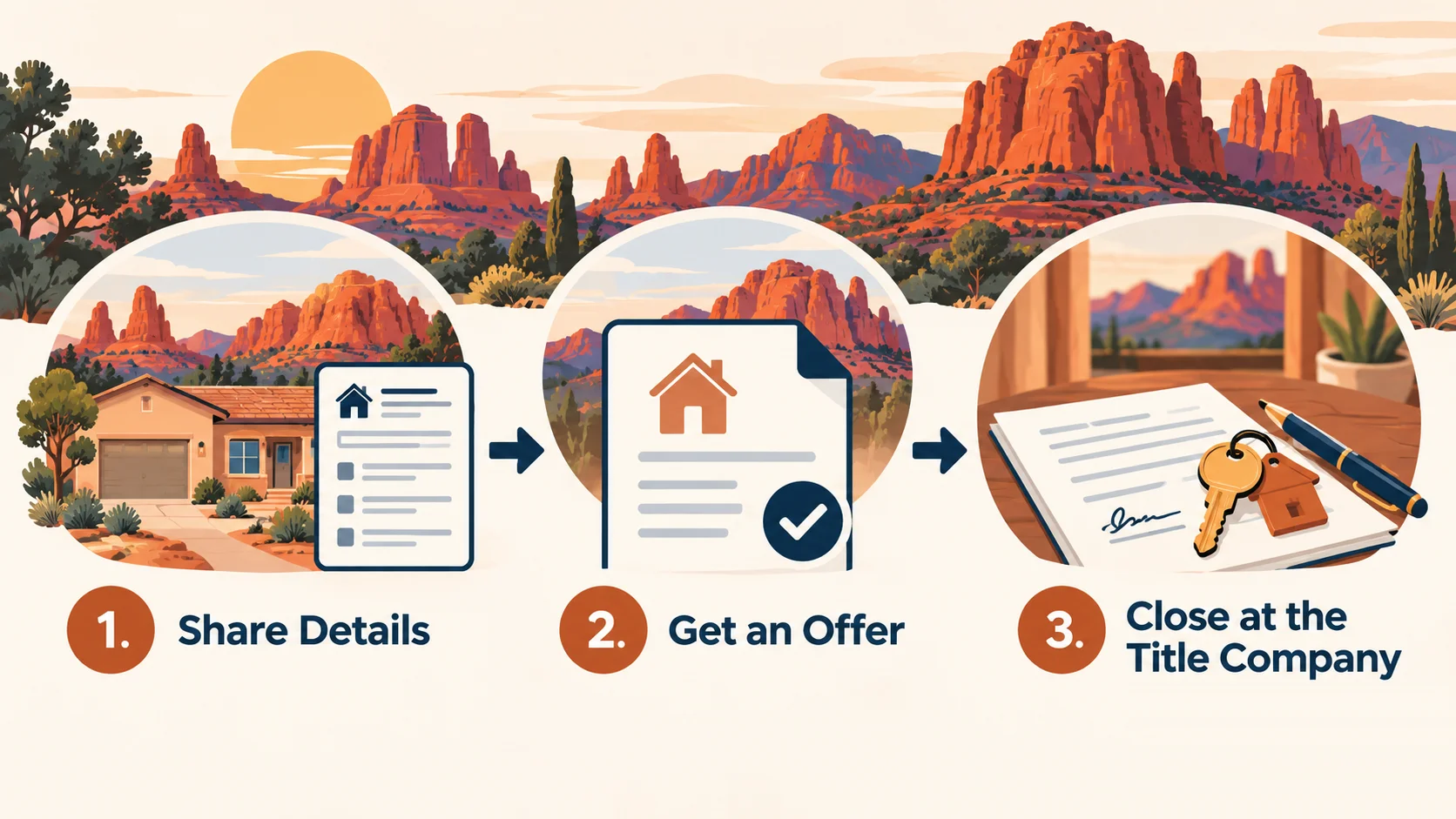 Three illustrated steps for selling a Sedona home: share details, review an offer, and close with a title company
