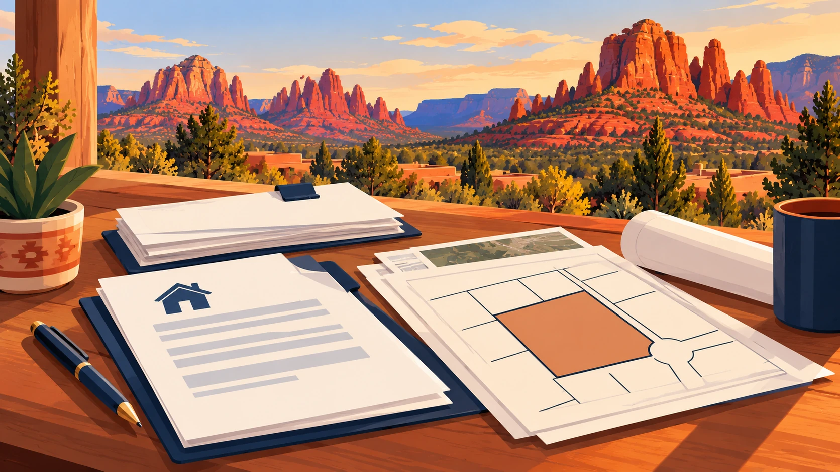 Illustration of property records and a parcel diagram with Sedona red rock formations in the background