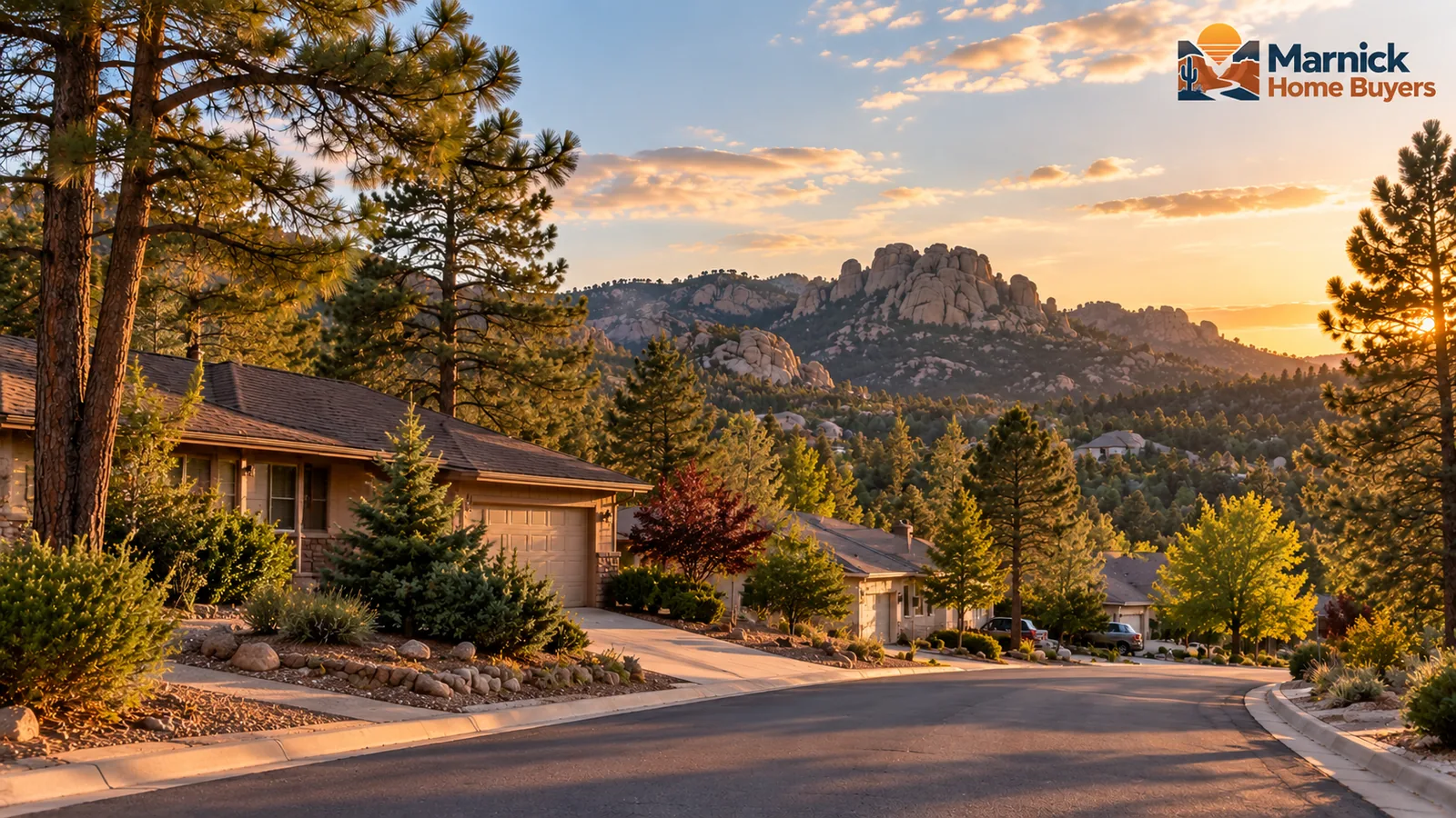 Prescott Arizona neighborhood with homes, ponderosa pines, and granite hills