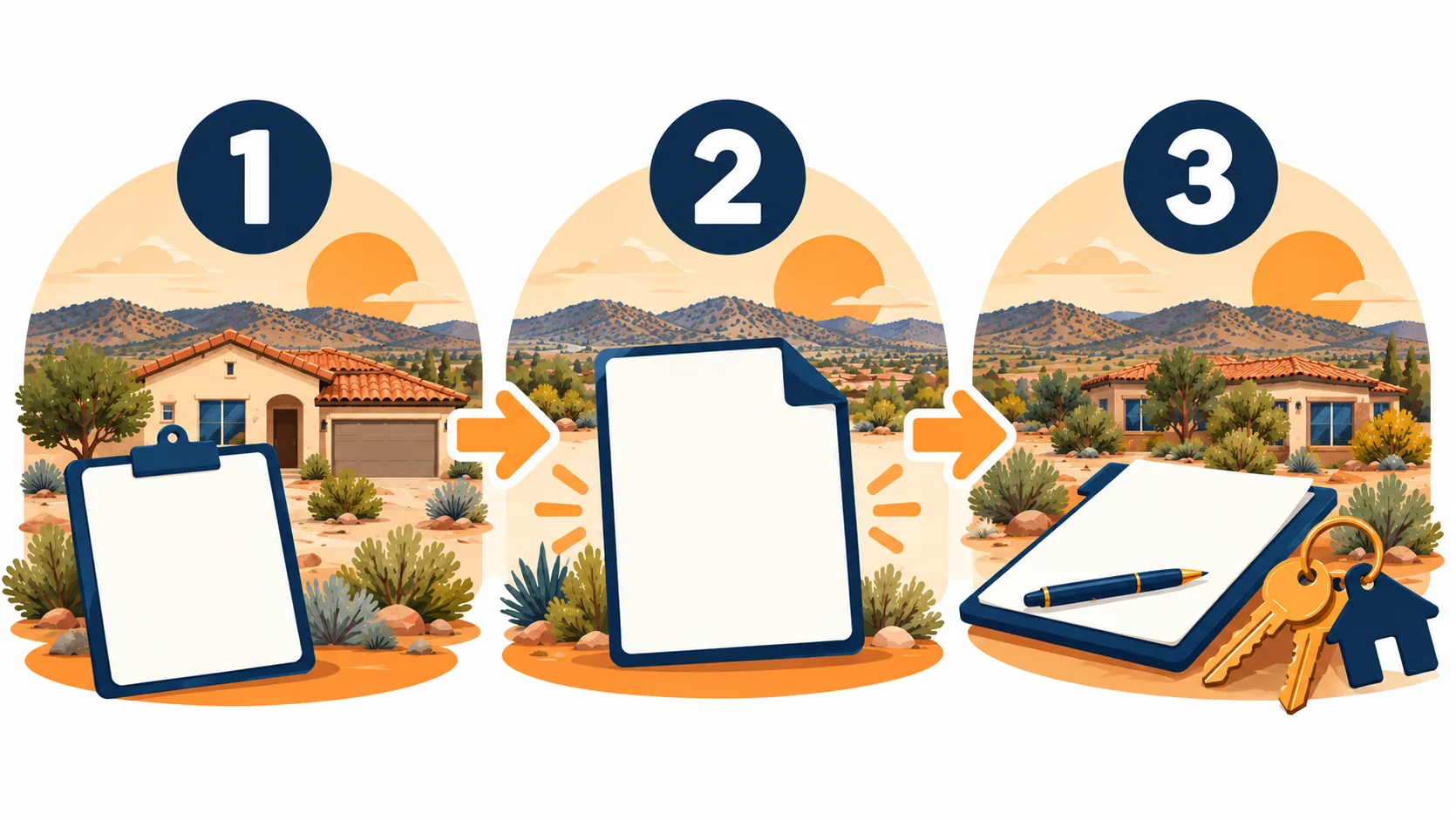 Three-step illustration of selling a Prescott Valley, AZ house, from requesting an offer to signing and receiving keys