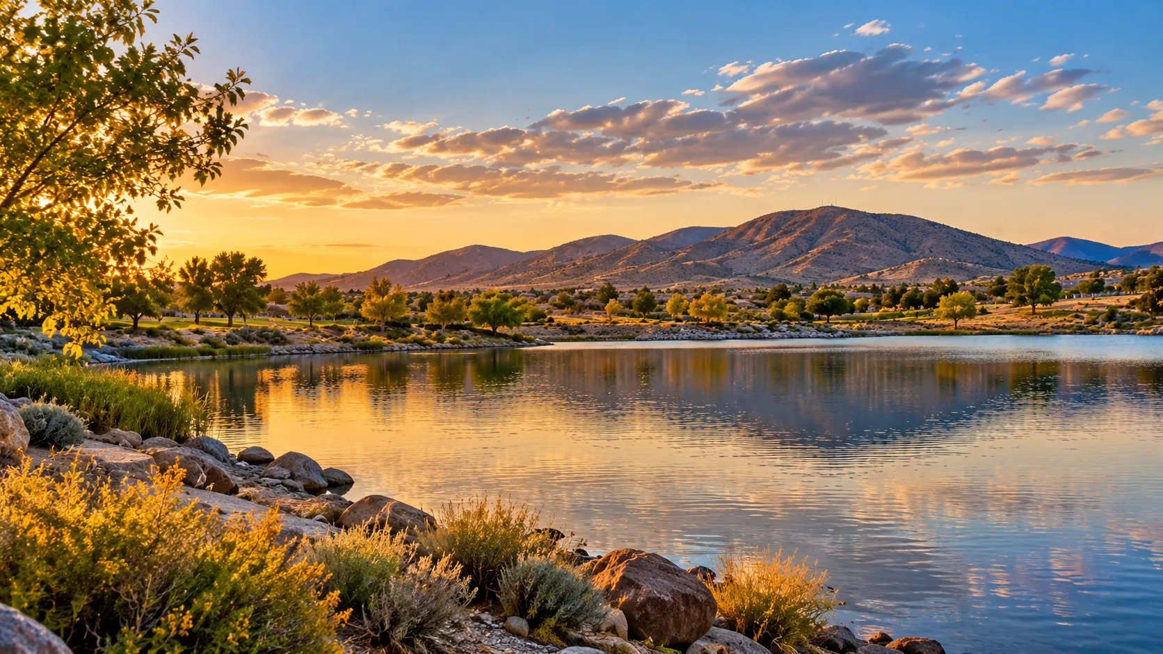 Lake with rocky shoreline, trees, and hills at sunset